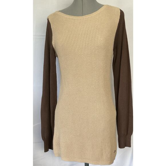 RALPH LAUREN Two Tone Jumper Sweater Fisherman Rib Logo Badge Retro Size S Brown - Picture 1 of 13